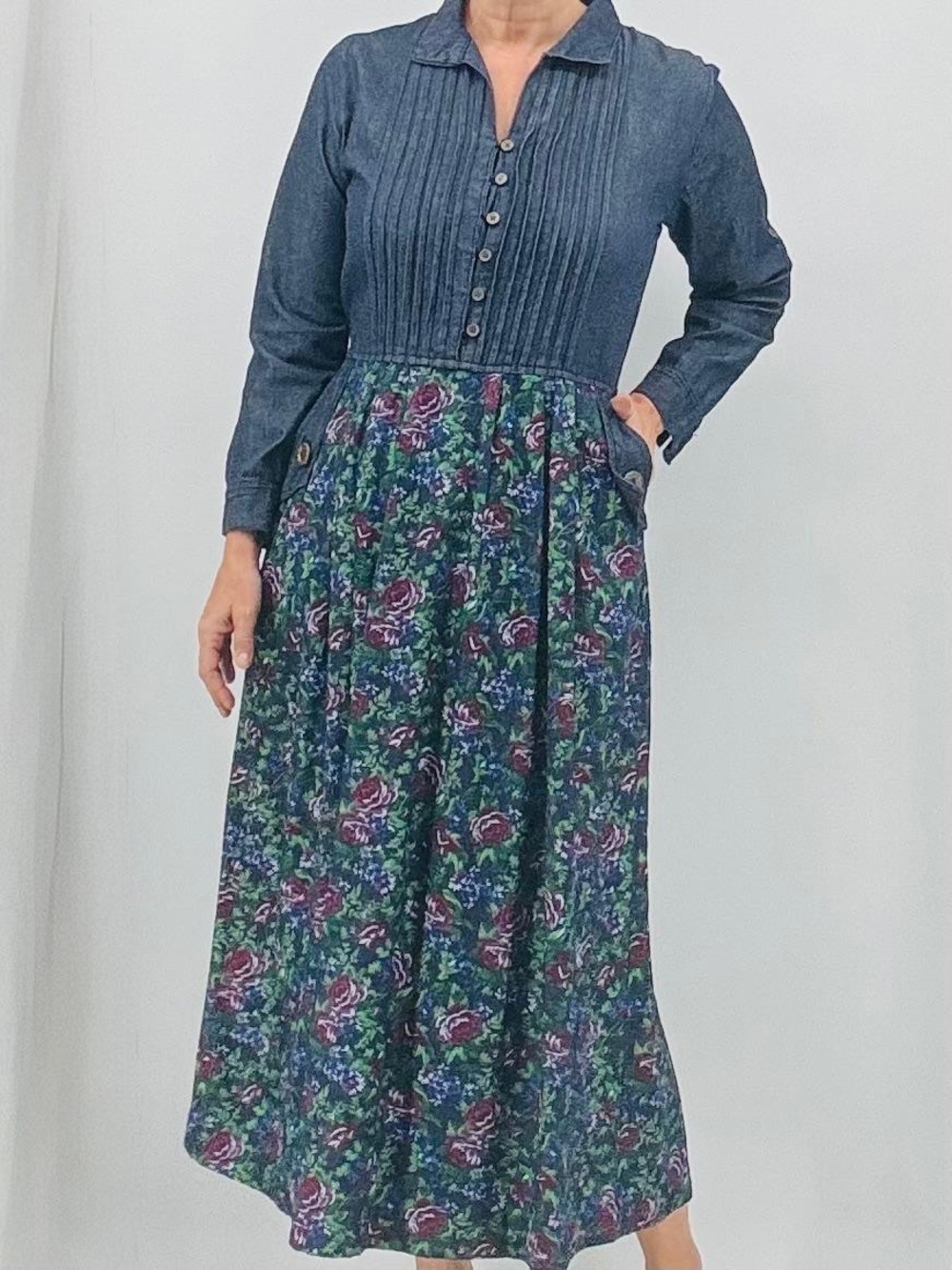 Vintage 90s Cottagecore Lagenlook Boho Coastal Grandma Denim Floral Maxi Dress